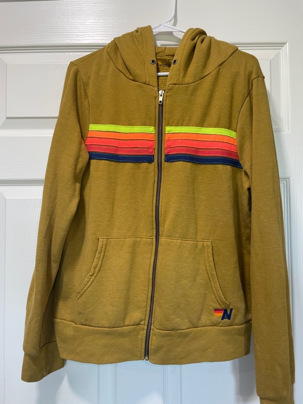 Aviator Nation Mustard Yellow Zip Hoodie with Neon Stripe Accents